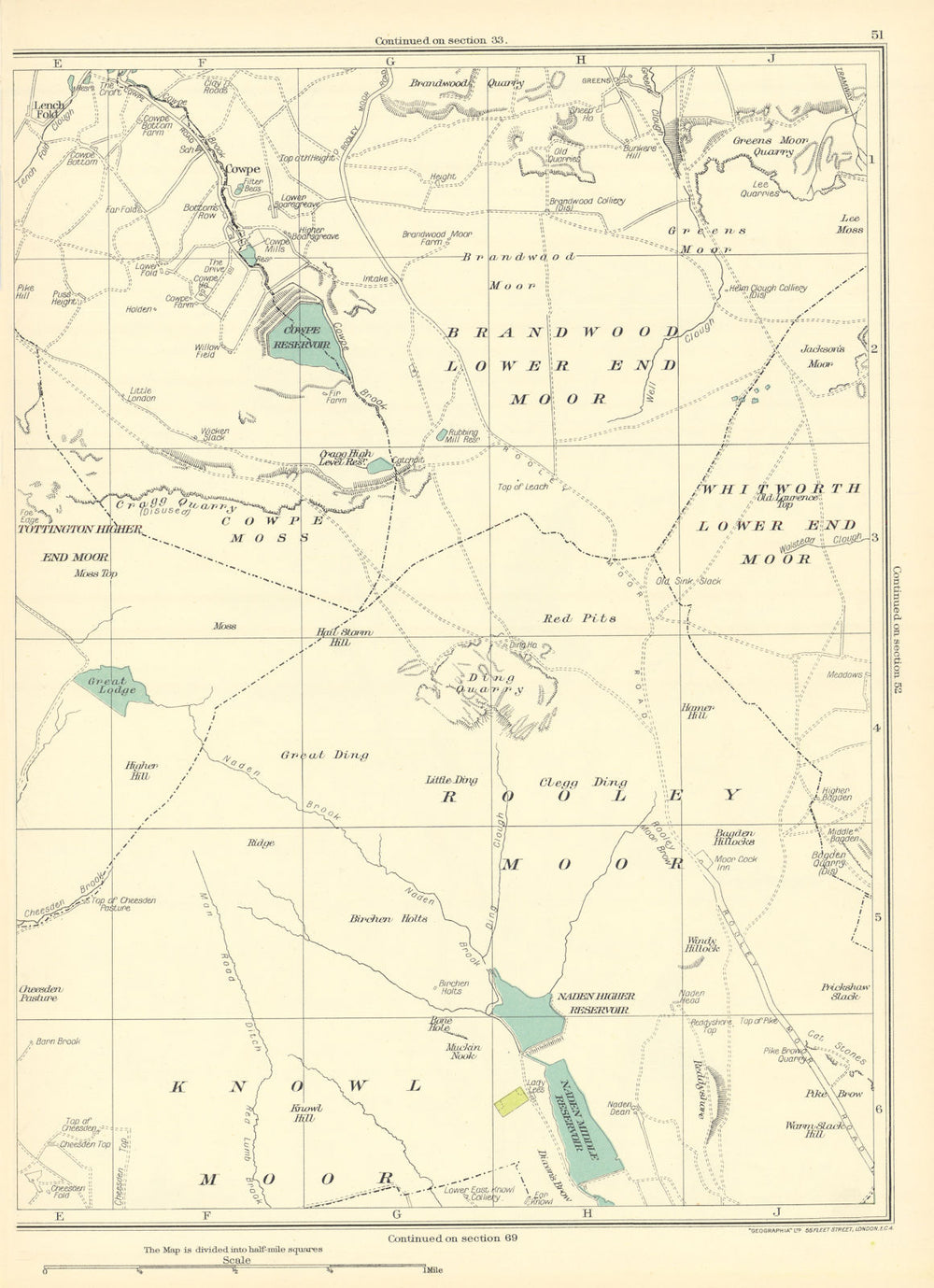 LANCASHIRE Knowl Moor Rooley Moor End Moor Cowpe Moss Cowpe Reservoir 1935 map