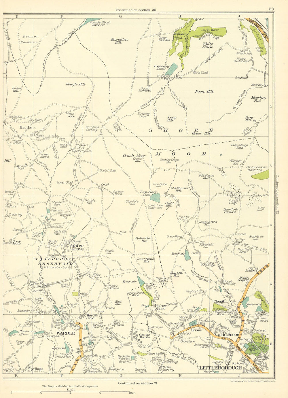 LANCASHIRE Shore Moor Wardle Littleborough Caldermoor Water Grove Hades 1935 map