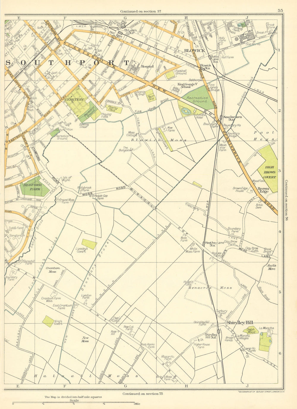 LANCASHIRE Southport Redford Park Brown Edge Shirdley Hill Blowick 1935 map