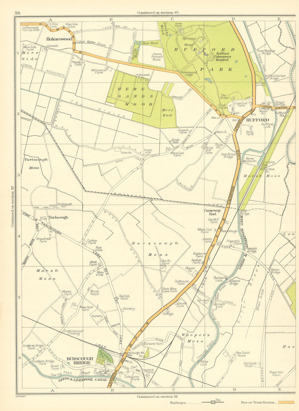 LANCASHIRE Holmeswood Burscough Bridge Warper's Moss Rufford Marsh Moss 1935 map