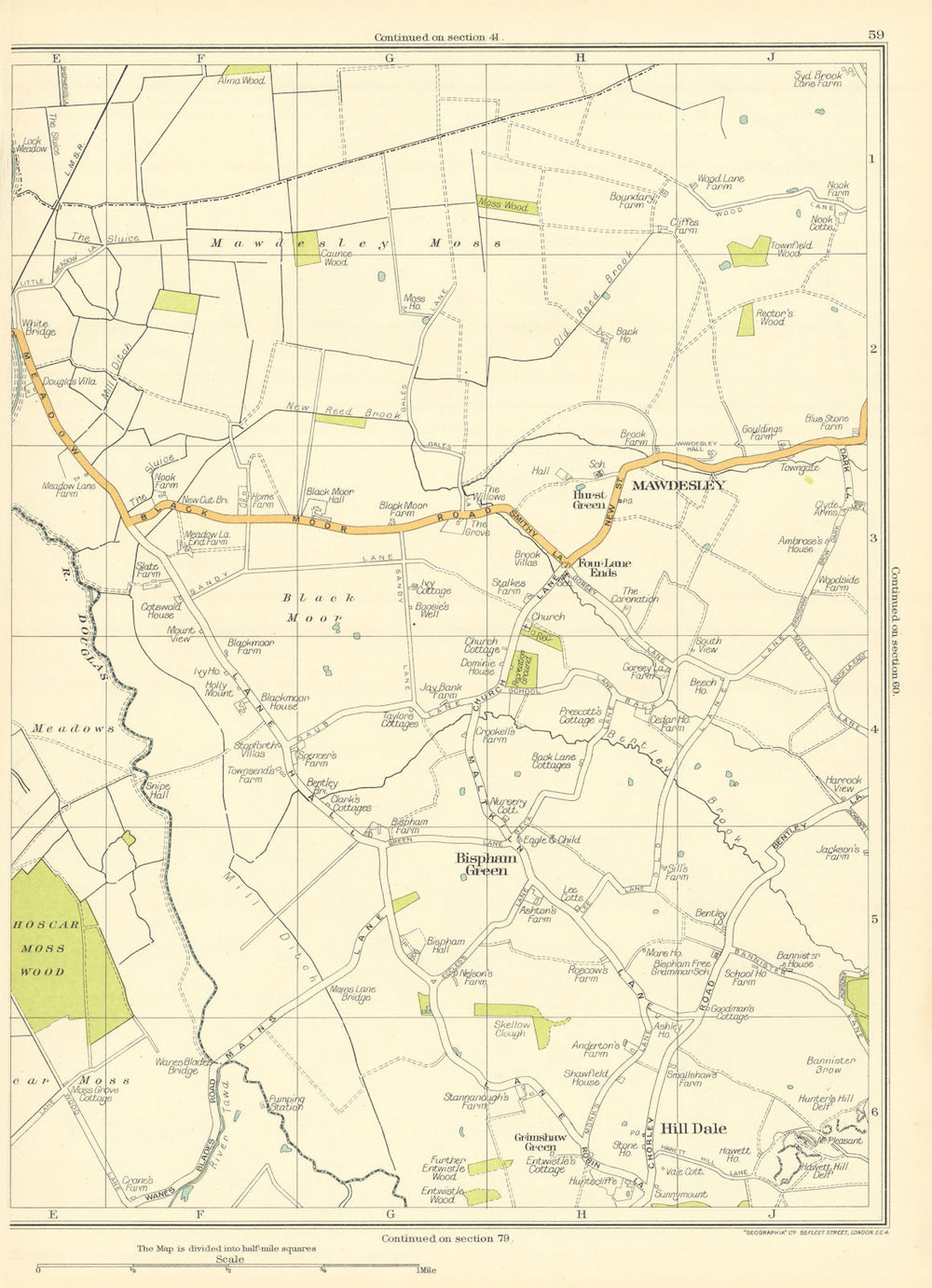 LANCASHIRE Hill Dale Bispham Green Four Lane Ends Mawdesley Black Moor 1935 map
