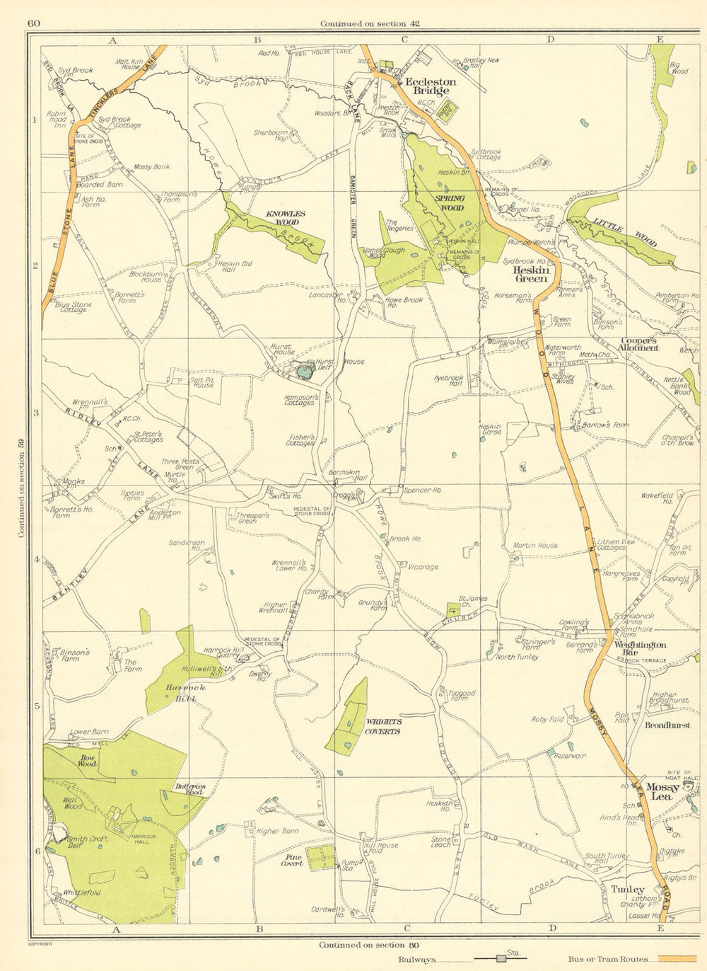 LANCASHIRE Mossy Lea Tunley Broadhurst Heskin Green Eccleston Bridge 1935 map