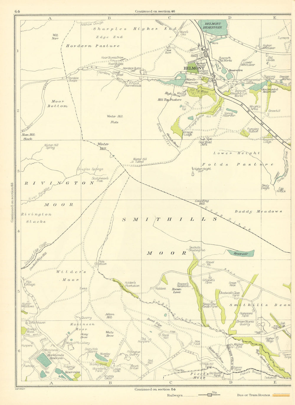 LANCASHIRE Smithills Moor Rivington Belmont Reservoir Bottom Pasture 1935 map