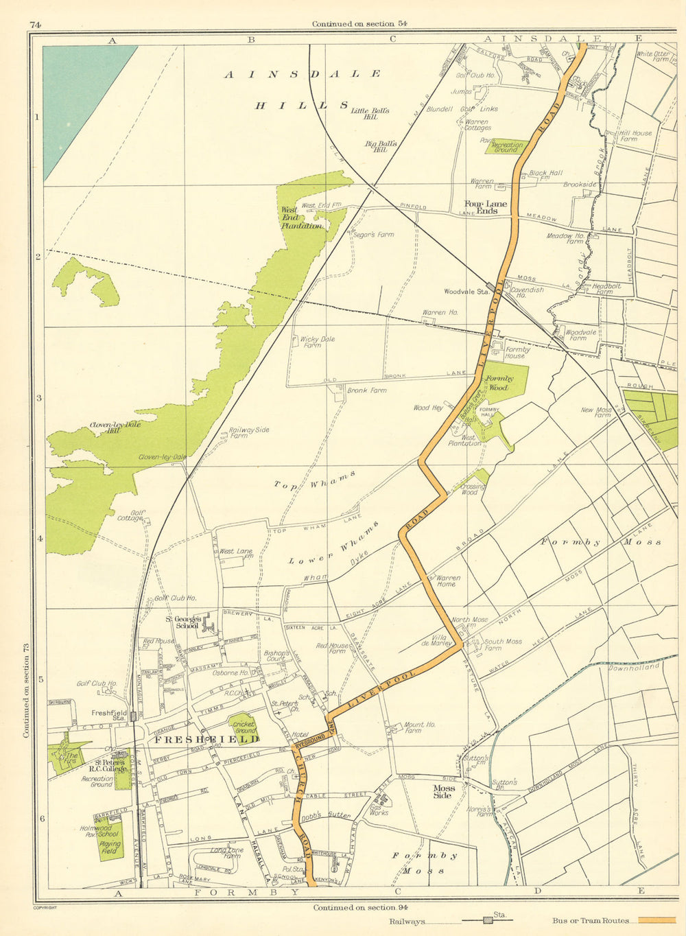 LANCASHIRE Freshfield Formby Ainsdale Hills Moss Side Four Lane Ends 1935 map