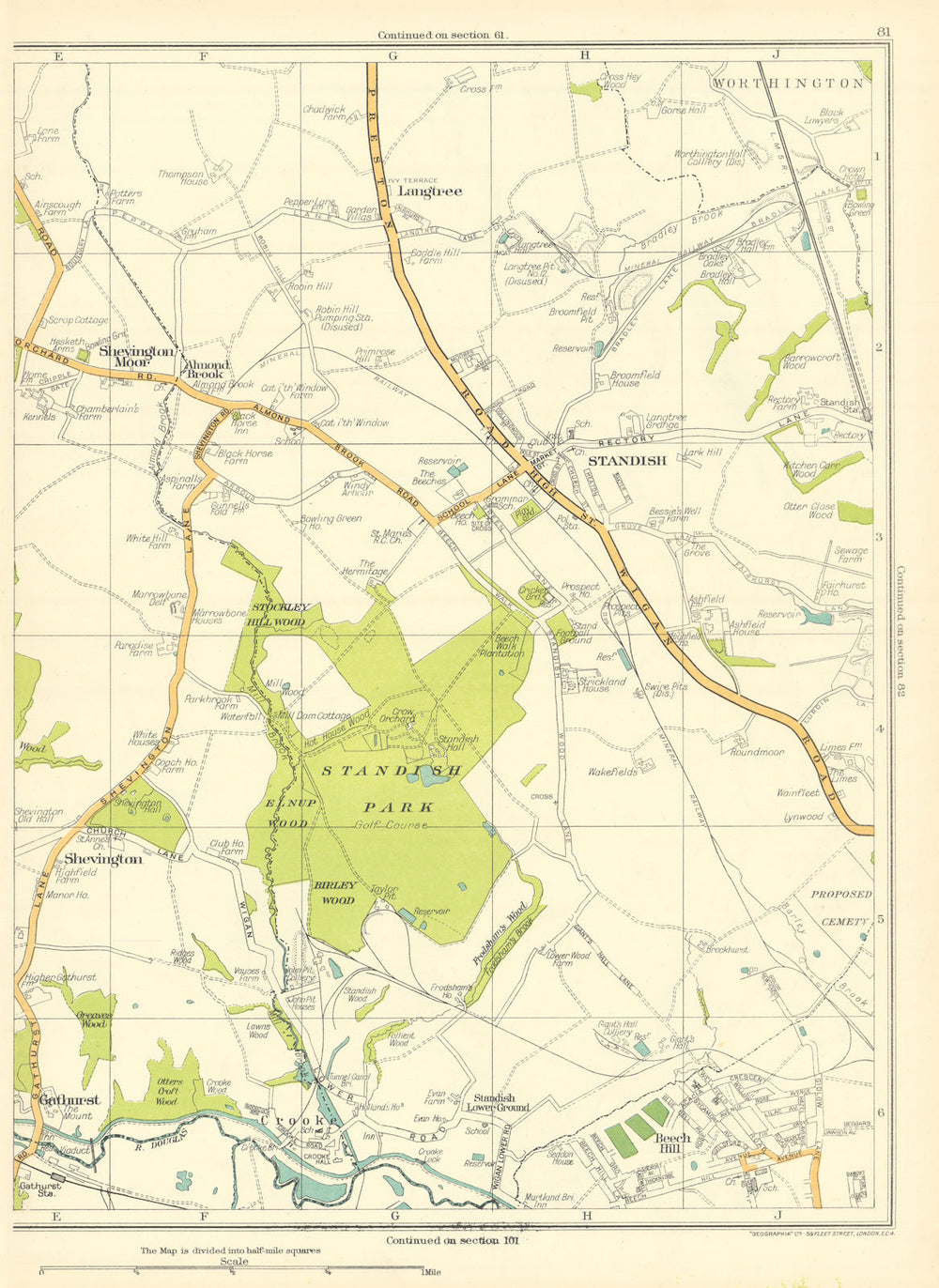 LANCASHIRE Gathurst Shevington Standish Worthington Langtree 1935 old map