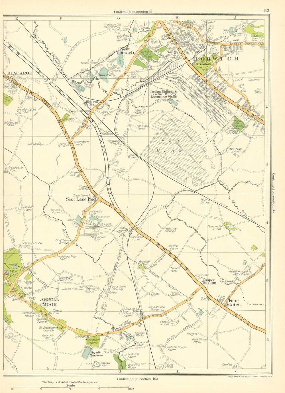 LANCASHIRE Aspull Moor Scot Lane End Horwich Blackrod New 4 Gates 1935 old map