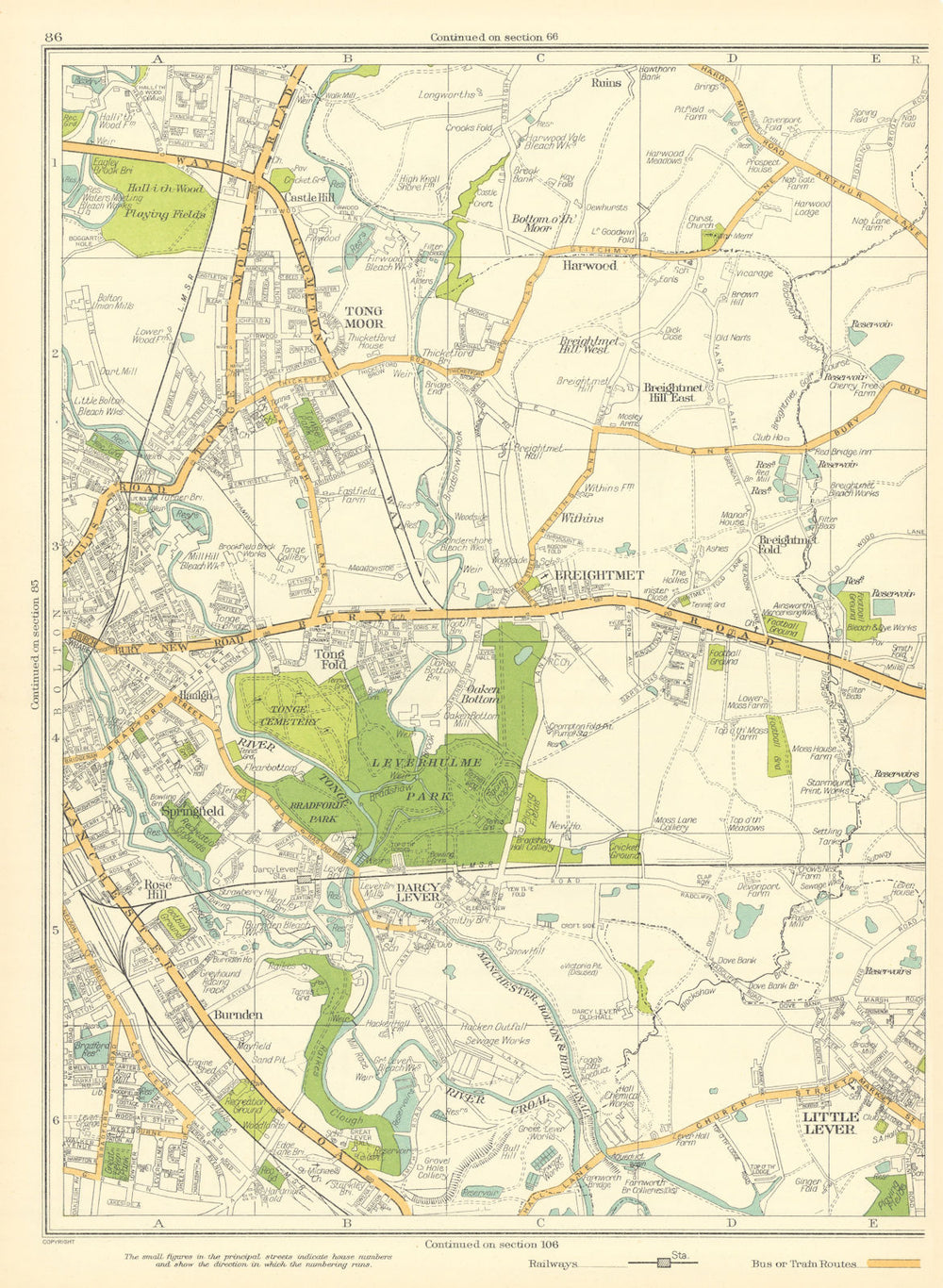 BOLTON Tong Moor Breightmet Little Lever Springfield 1935 old vintage map