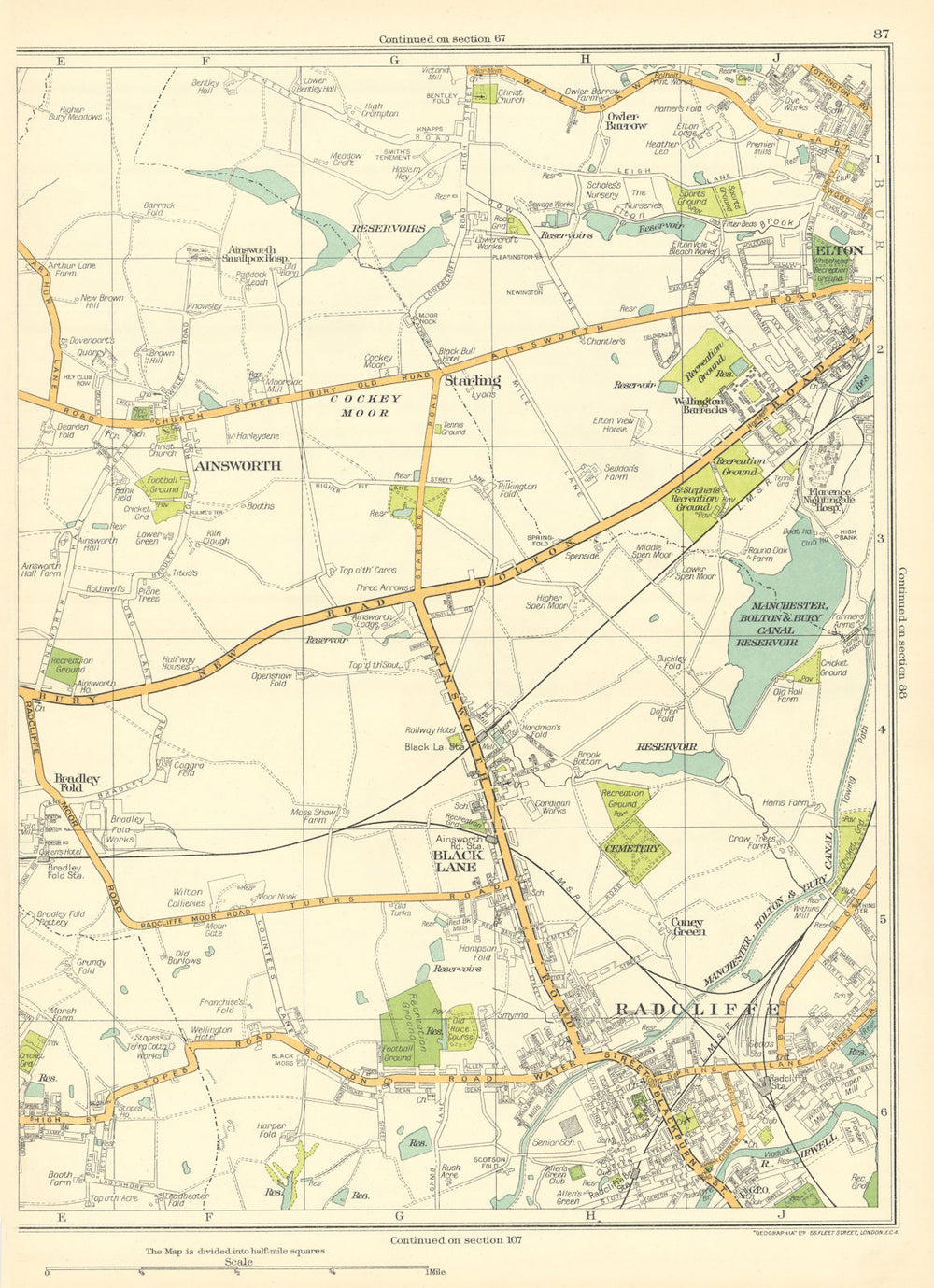 LANCASHIRE Ainsworth Radcliffe Black Lane Starling Elton Little Lever 1935 map