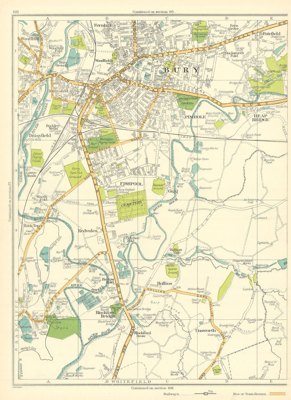 BURY Fernhill Heap Bridge Pimhole Daisyfield Fishpool Redvales 1935 old map