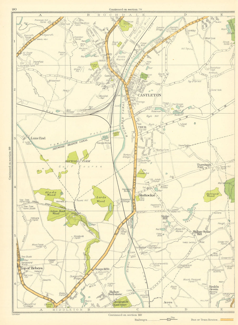 LANCASHIRE Rochdale Castleton Trub Slattocks Higher Boarshaw 1935 old map