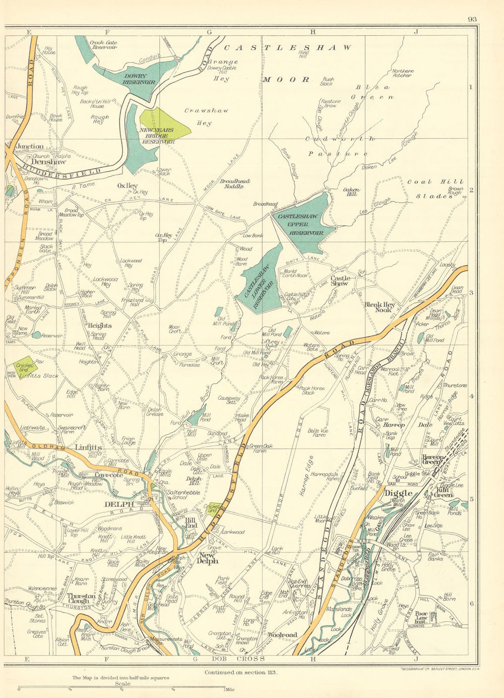 YORKSHIRE New Delph Linfitts Denshaw Thurston Clough Diggle Dob Cross 1935 map