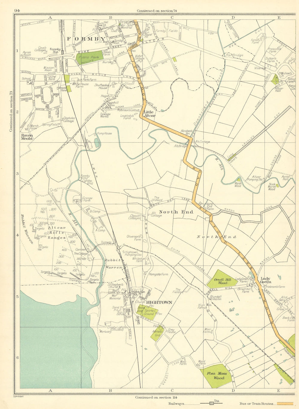 LANCASHIRE Formby North End Hightown Altcar Flea Moss Wood Raven Meols 1935 map