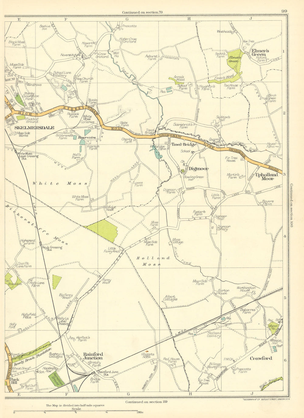 LANCS Skelmersdale Rainford Junction Upholland Moor Digmoor Crawford 1935 map