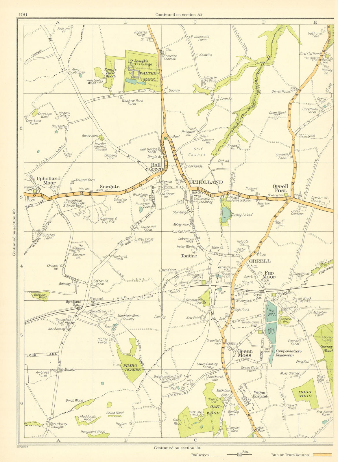 LANCASHIRE Great Moss Orrell Far Moor Upholland Hall Green 1935 old map ...