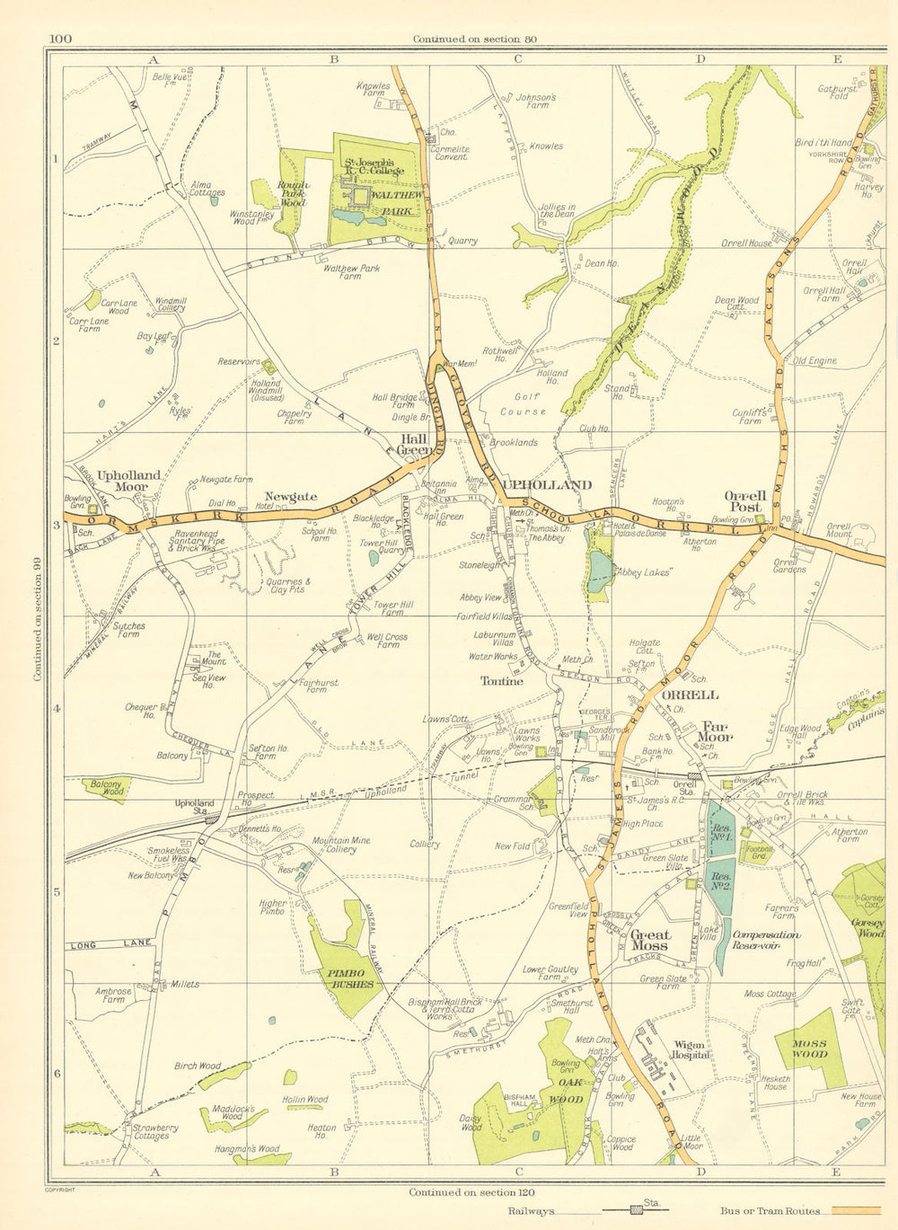 LANCASHIRE Great Moss Orrell Far Moor Upholland Hall Green 1935 old map
