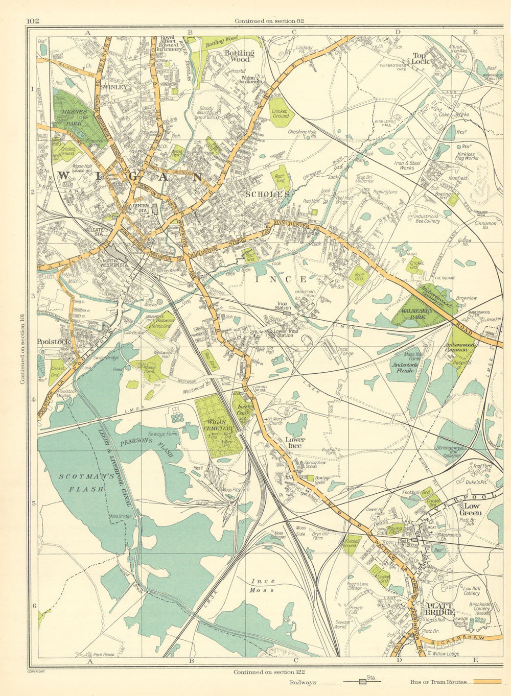 WIGAN Scholes Bottling Wood Platt bridge Top Lock Swinley Ince 1935 old map