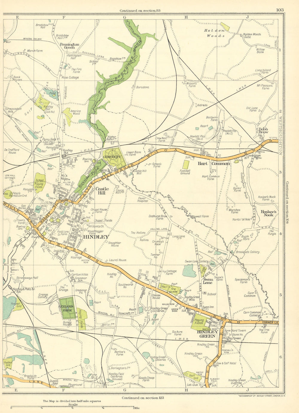 LANCS Hindley Green Castlehill Hart Common Castle Hill Westhoughton 1935 map