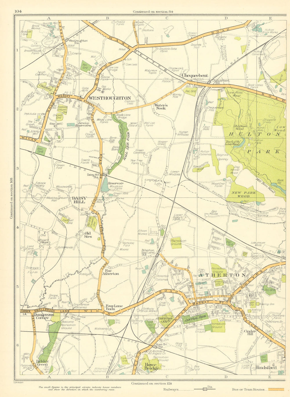 LANCASHIRE Westhoughton Daisyhill Atherton Hulton Park Howebridge 1935 old map