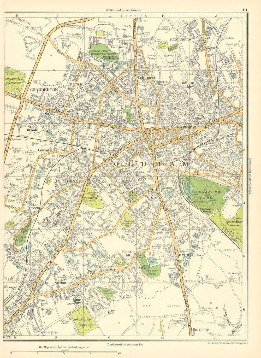 OLDHAM Chadderton Cowhill Hollinwood Copster Hill Coldhurst 1935 map