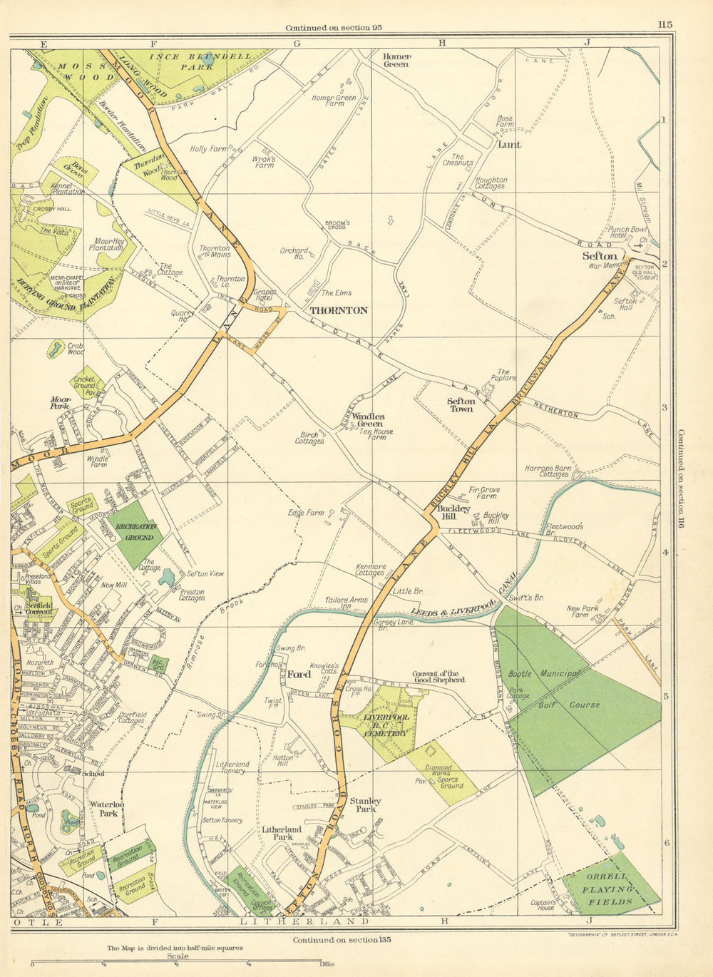 LANCASHIRE Great Crosby Thornton Ford Buckley Hill Sefton Litherland 1935 map