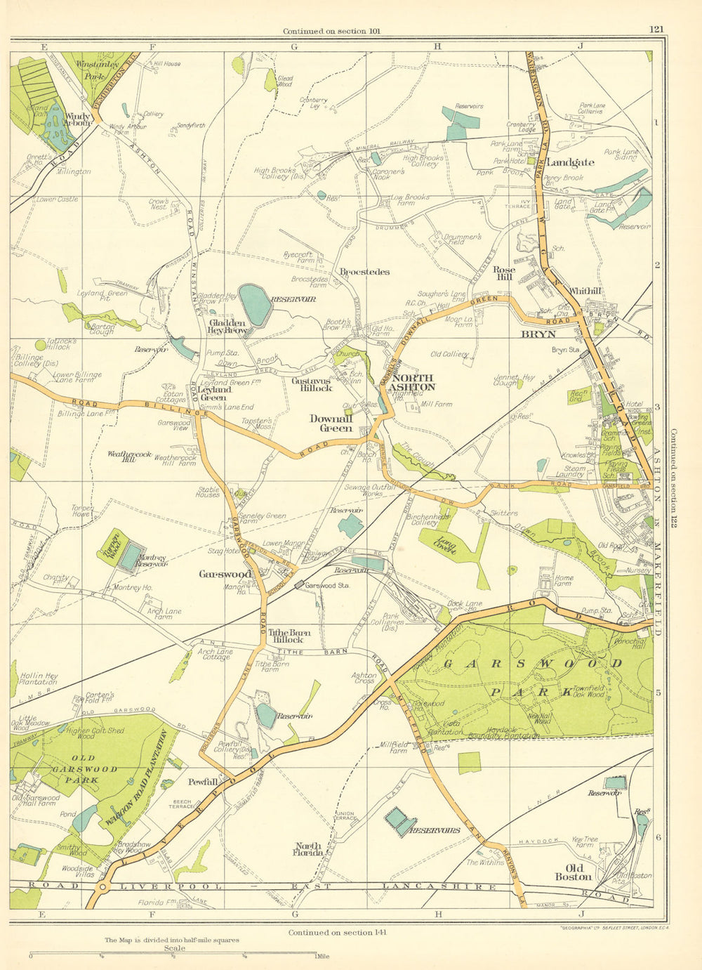 LANCS North Ashton in Makerfield Downall Grn Bryn Garswood Old Boston 1935 map