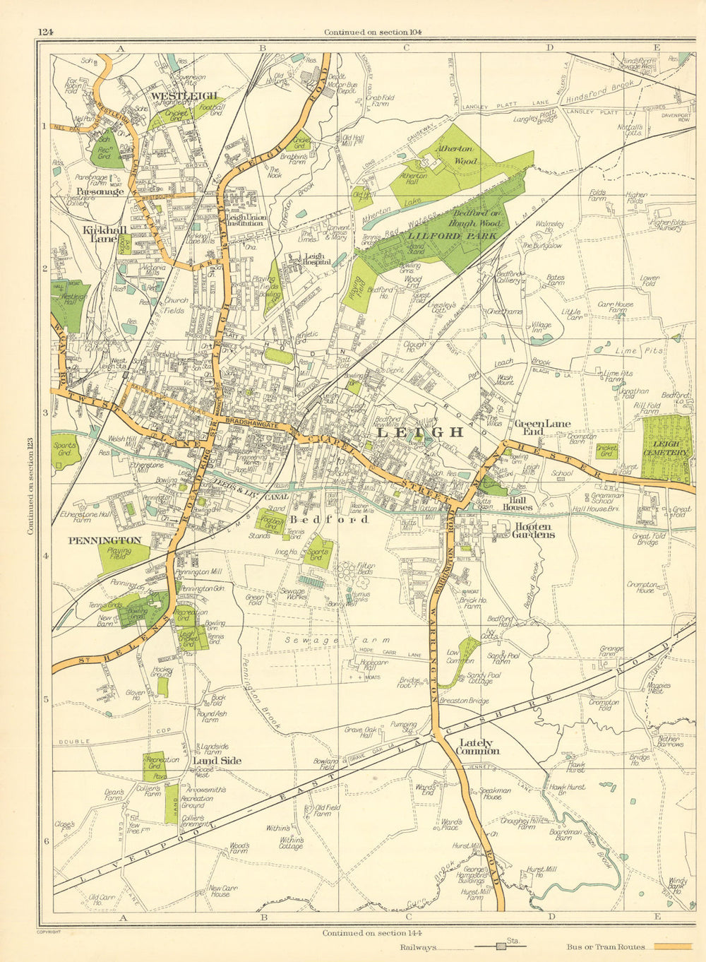 LANCS Leigh Pennington Lately Common Green Lane End Bedford Westleigh 1935 map