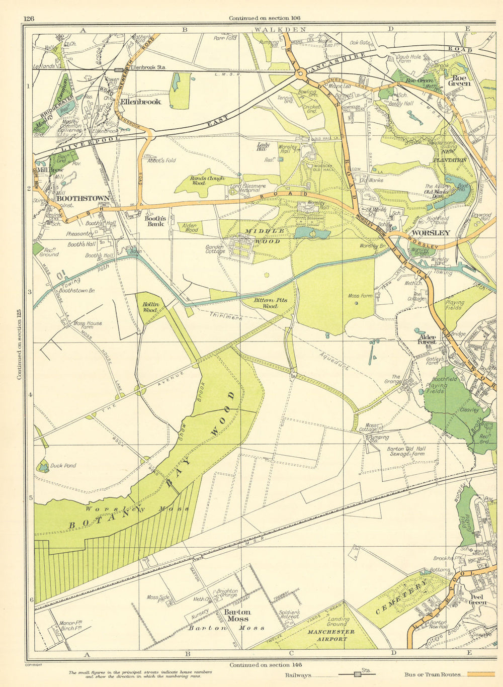 LANCASHIRE Eccles Barton Moss Peel Green Worsley Boothstown Ellenbrook 1935 map