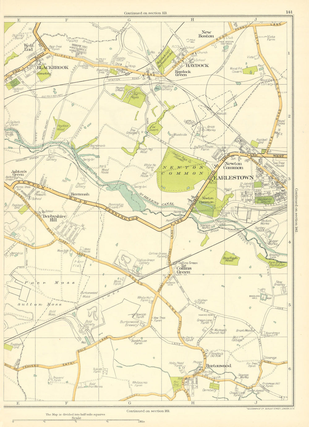 LANCS Derbyshire Hill Green Burtonwood Earlestown Haydock Blackbrook 1935 map