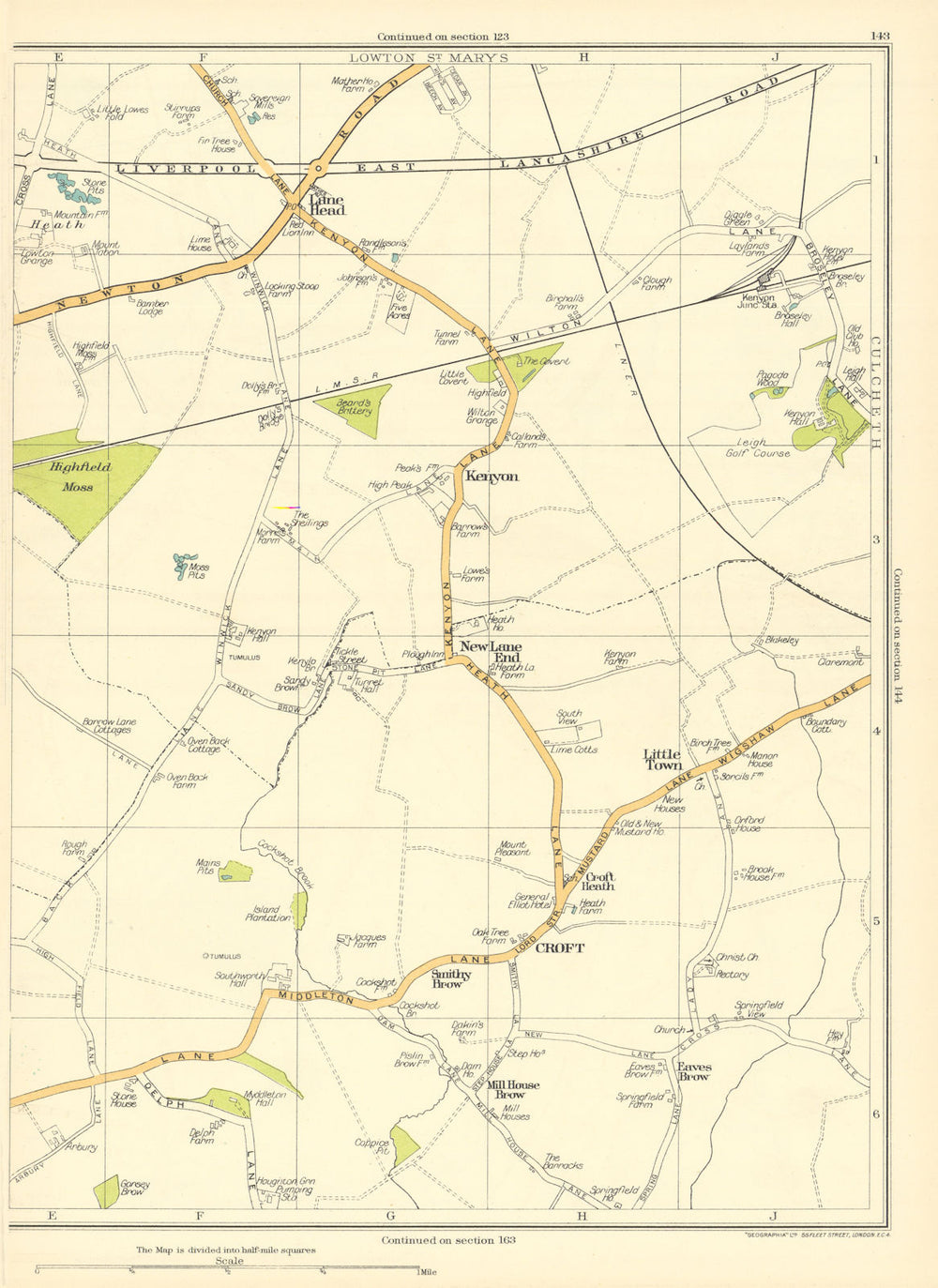 LANCASHIRE Lowton St Mary's New Lane End Croft Kenyon Eaves Brow 1935 old map