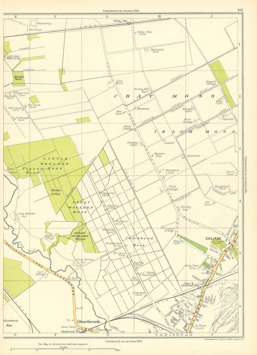 LANCASHIRE Glazebrook Great Woolden Wood Irlam Cadishead Moss Chat 1935 map