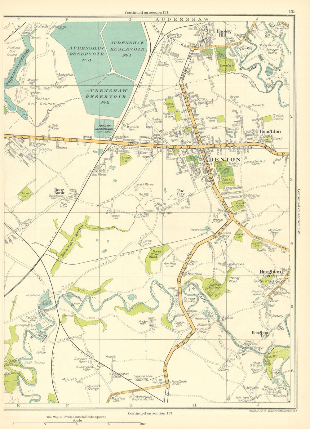 LANCASHIRE Denton Haughton Green Dale Dane Bank Hooley Hill Audenshaw 1935 map