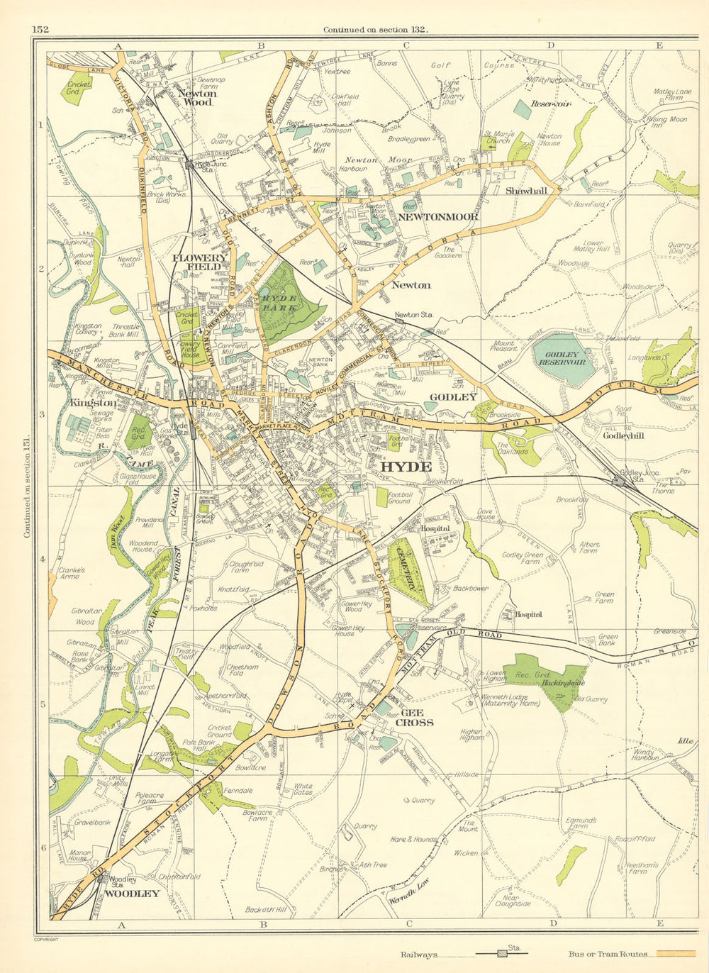 CHESHIRE Hyde Godley Flowery field Newton Wood Moor Gee Cross Woodley 1935 map