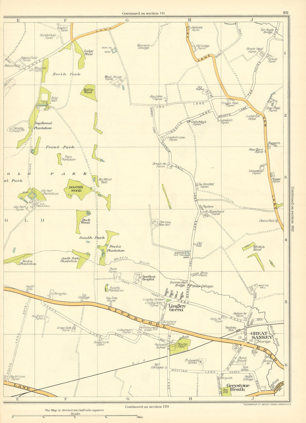 LANCASHIRE Lingley Green Great Sankey Greystone Heath South Park 1935 old map