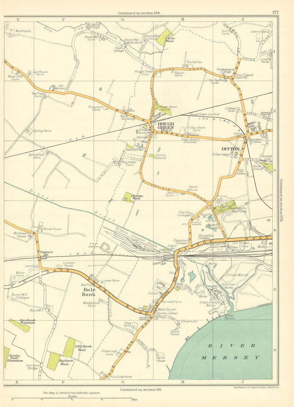 LANCASHIRE Hough Green Ditton Hale Bank Mersey Big Boar's Wood 1935 old map