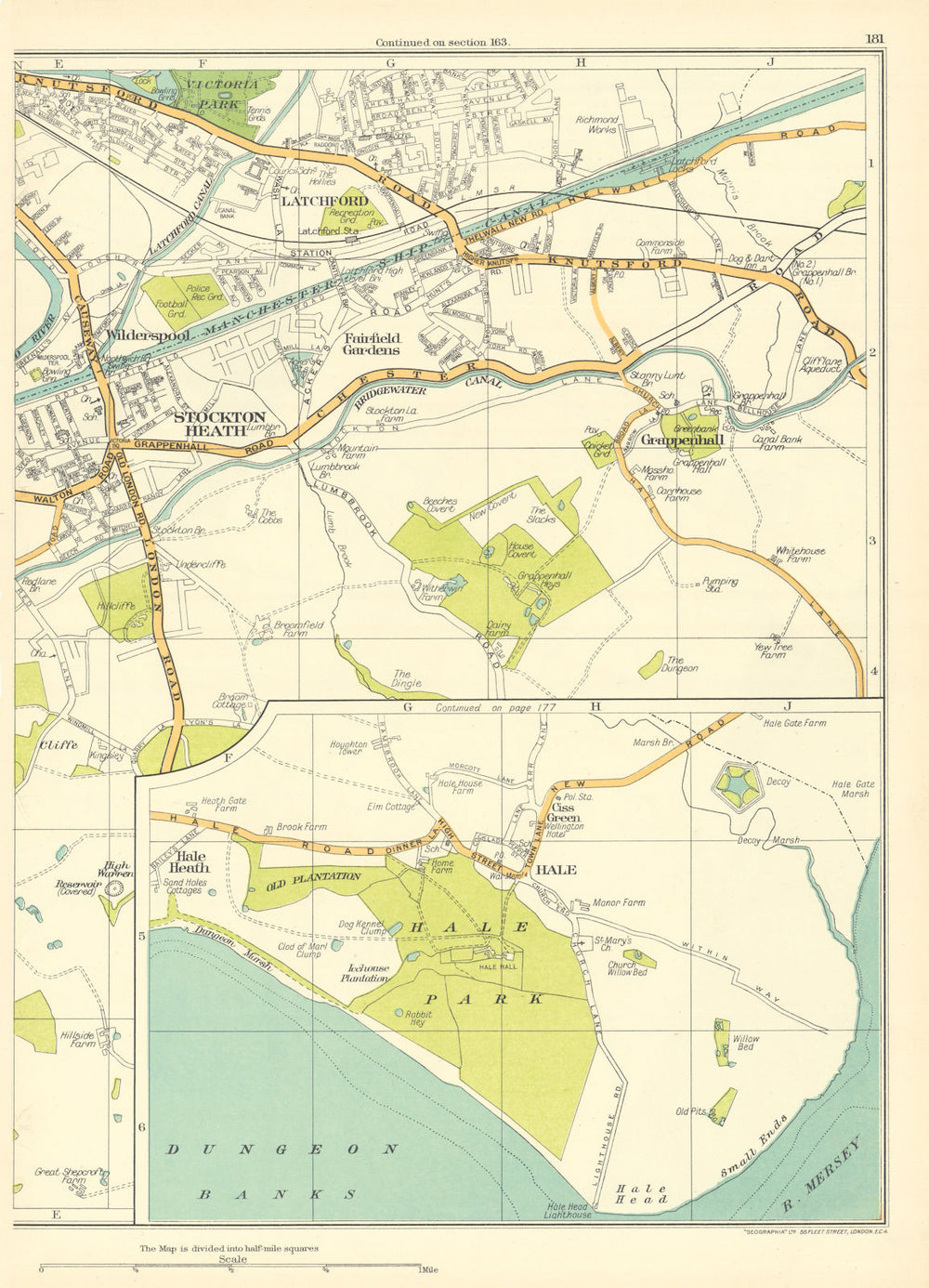 CHESHIRE Warrington Stockton Heath Hale Grappenhall Latchford 1935 old map