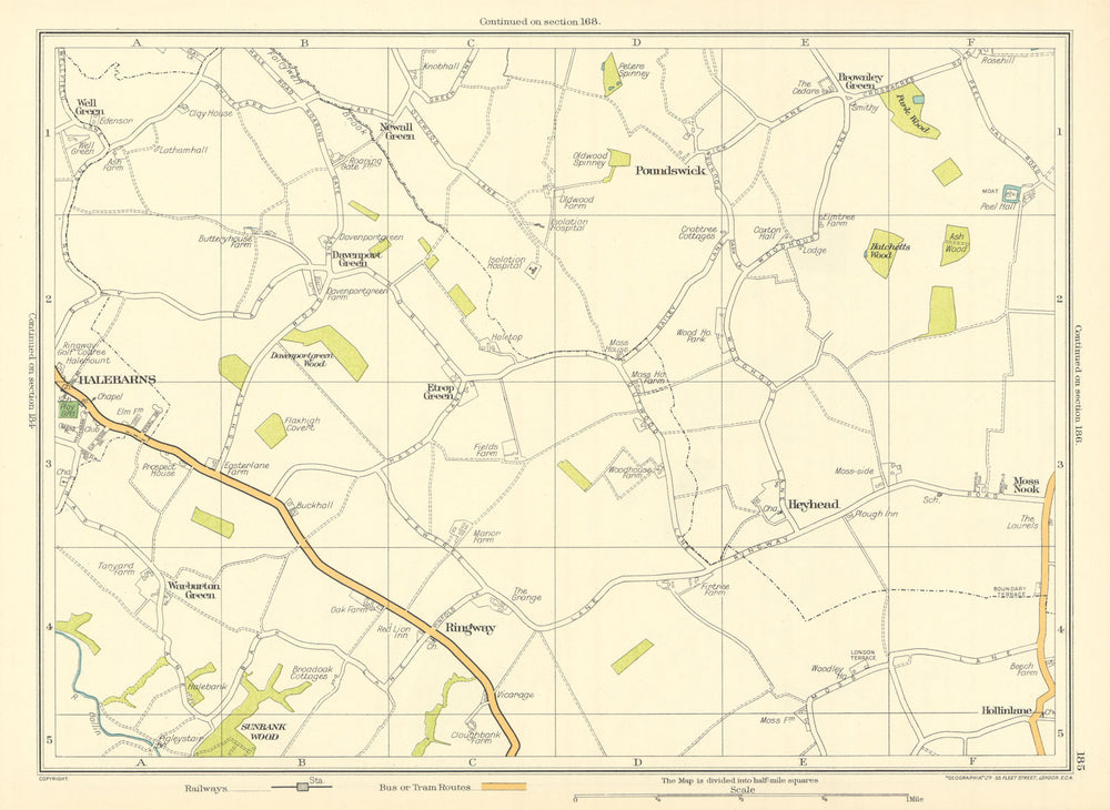 CHESHIRE Halebarns Davenport Ringway Heyhead Warburton Moss Nook 1935 old map
