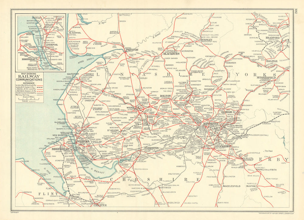 LANCASHIRE Cheshire Yorkshire Map showing Railway Communications 1935 old