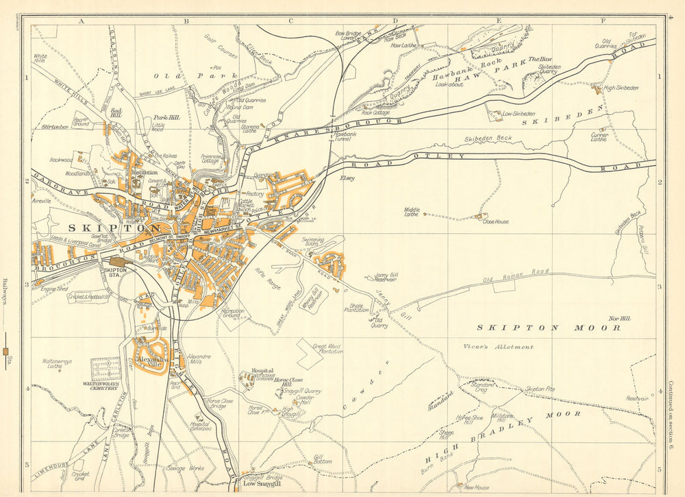 SKIPTON High Bradley Moor Low Snaygill Skibeden Woodlands 1935 old vintage map