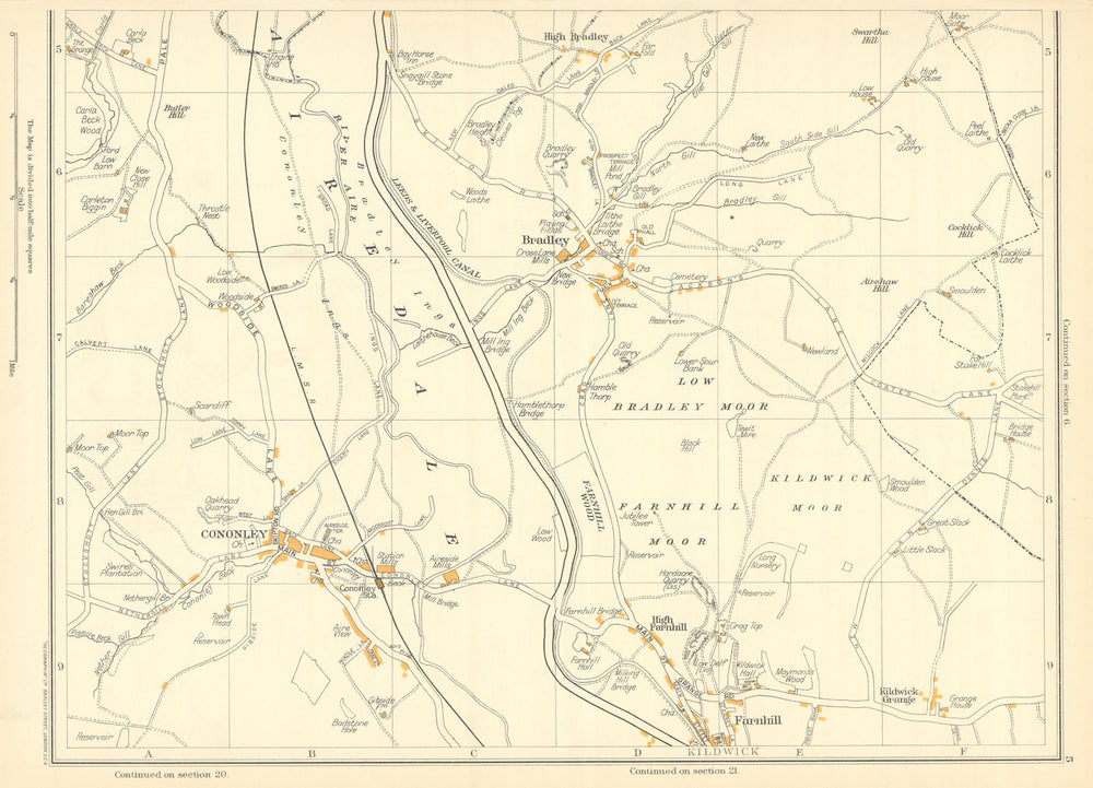 YORKS Airedale Bradley Cononley High Farnhill Low Moor Kildwick Grange 1935 map