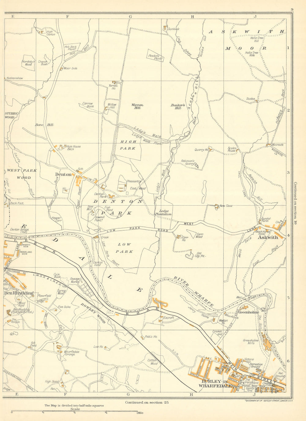 YORKS Askwith Moor Burley-In-Wharfedale Denton Ben Rhydding Greenholme 1935 map