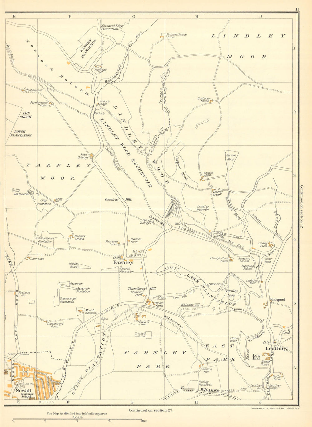 YORKSHIRE Lindley Moor Wood Farnley Leathley Springs Otley Newall 1935 old map