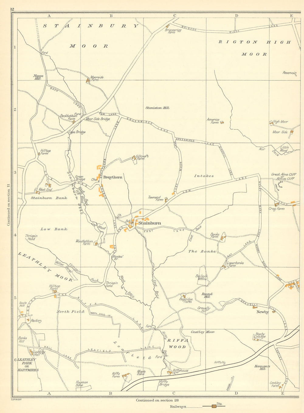 YORKSHIRE Stainbury Moor Stainburn Riffa Wood Newby Braythorn Huby 1935 map