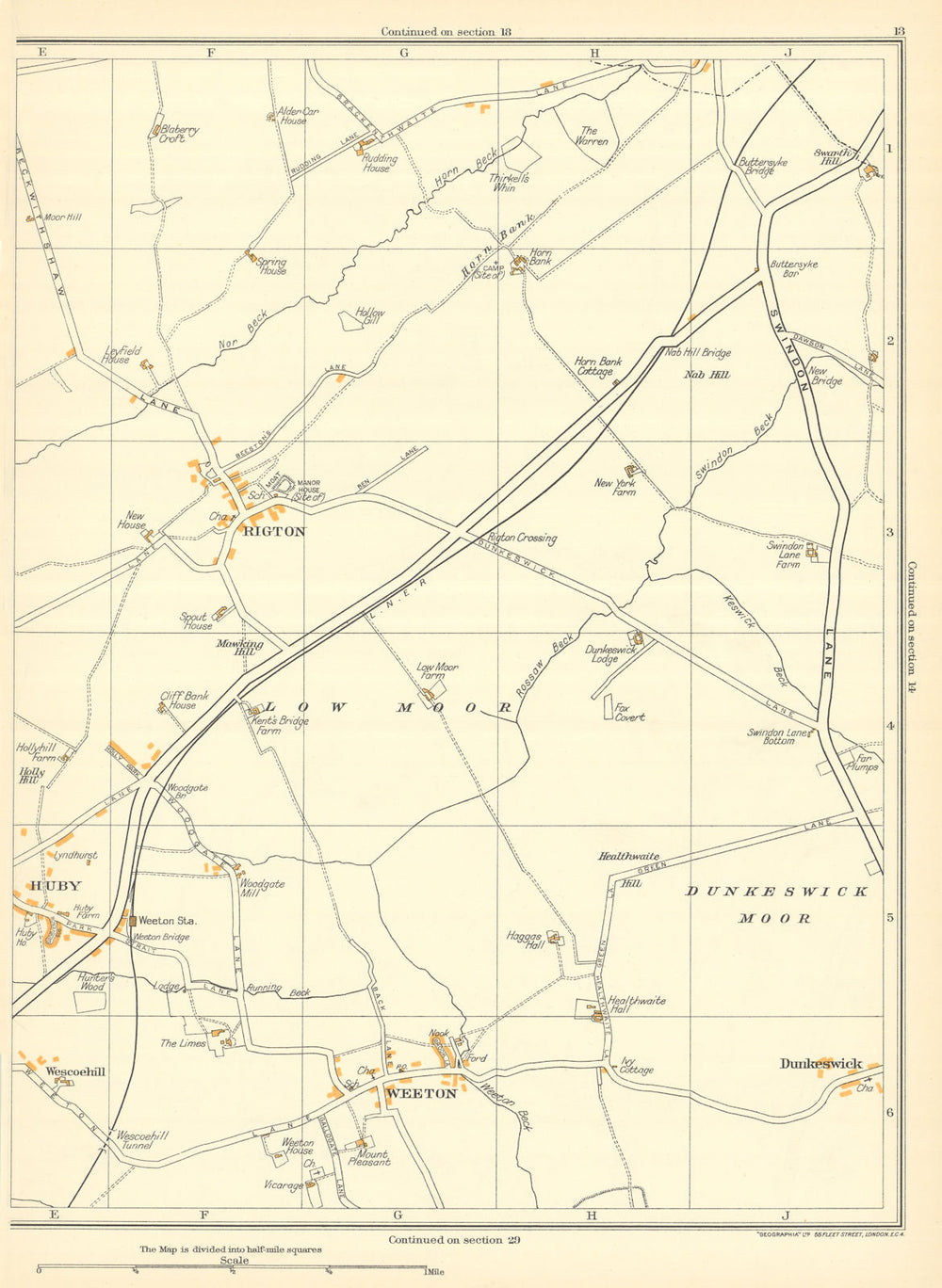 YORKSHIRE Rigton Low Moor Dunkeswick Moor Dunkeswick Weeton Huby 1935 old map