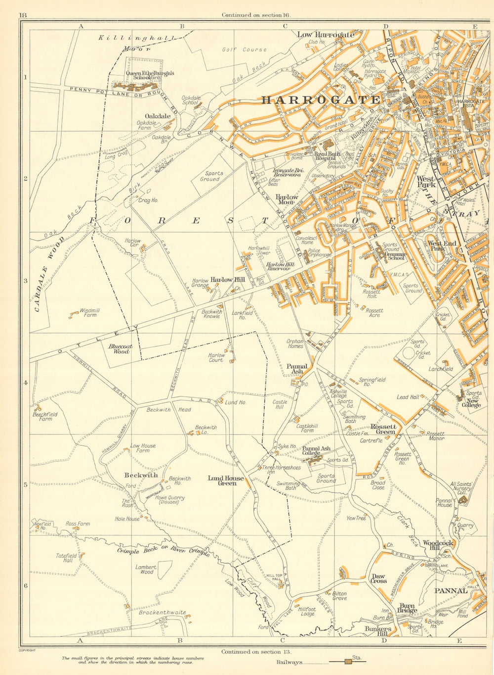 HARROGATE Harlow Hill Beckwith Pannel Rossett Green Burn Bridge 1935 old map