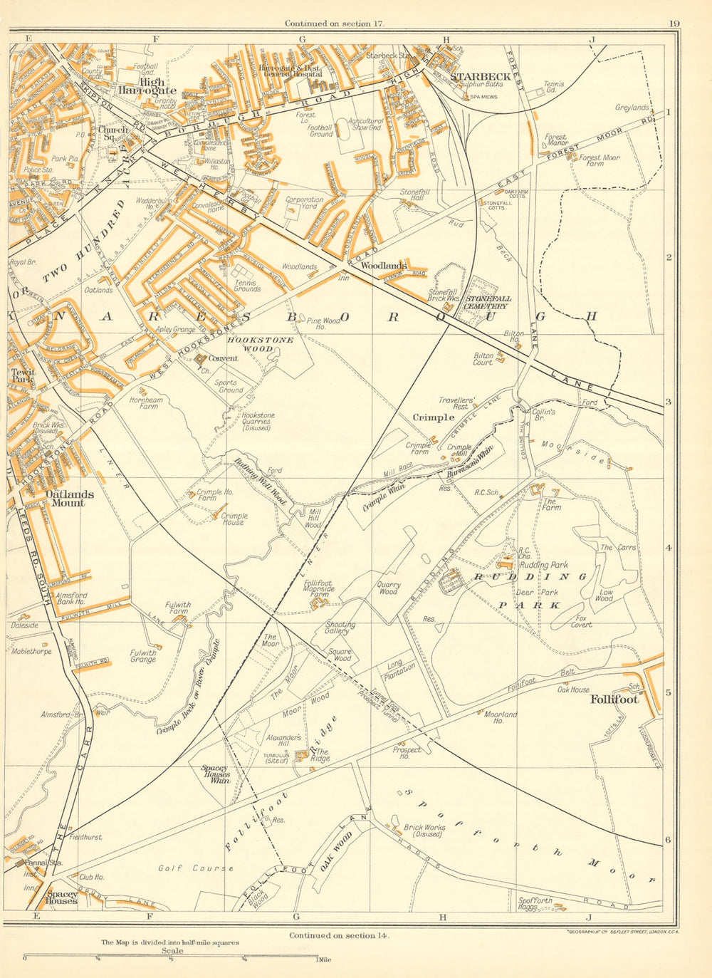 HARROGATE Aresborough Crimple Rudding Follifoot Starbeck Oatlands Mt 1935 map
