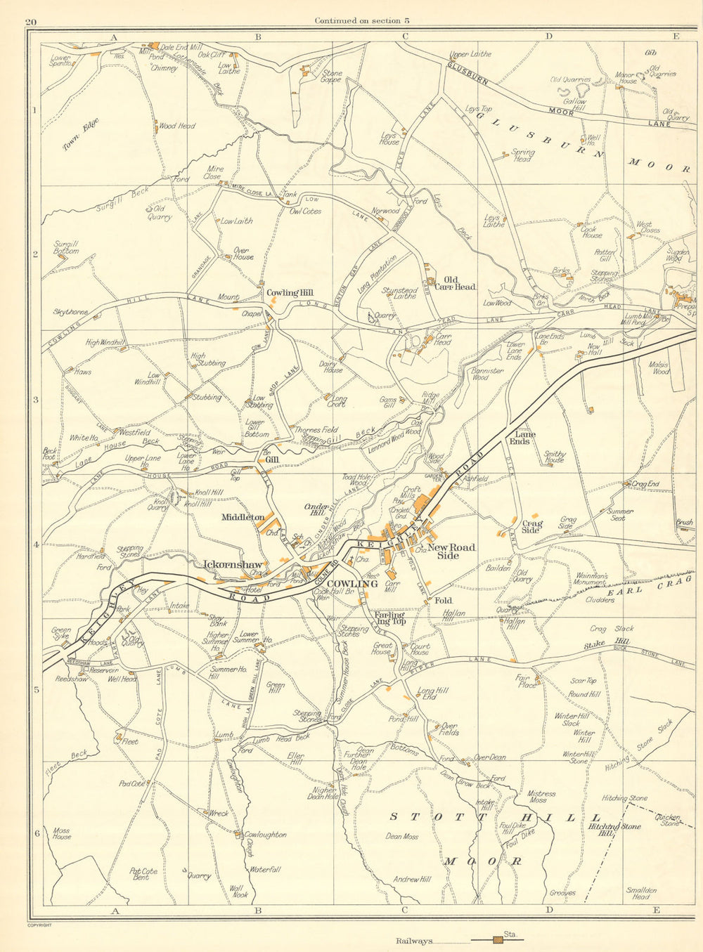 YORKS Cooling Stott Hill Moor Middleton Gill Ickornshaw New Road Side 1935 map