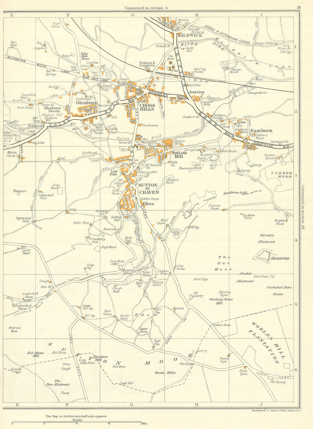 YORKSHIRE Sutton In Craven Sutton Mill Glusburn Kildwick Eastburn 1935 old map