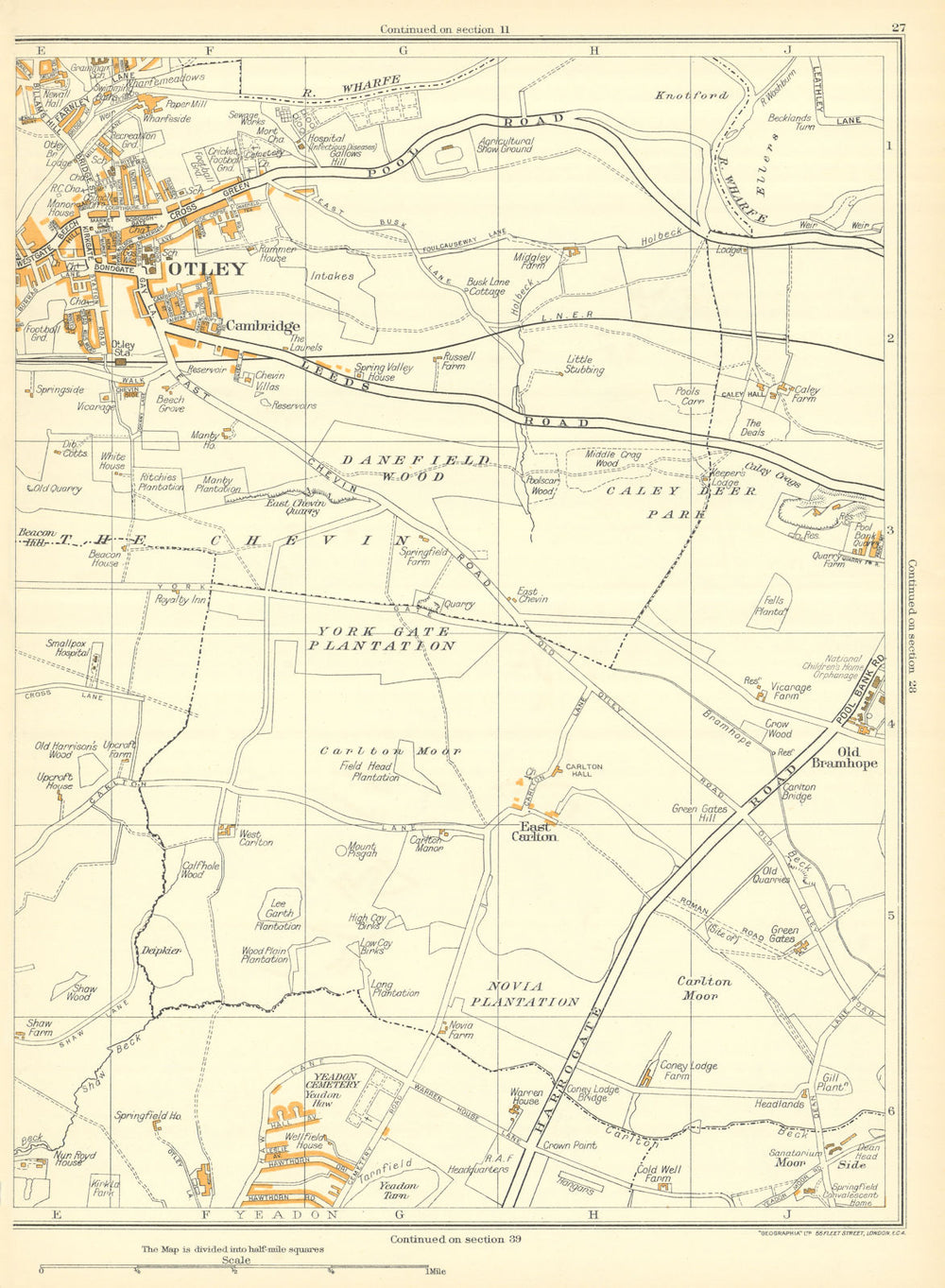 OTLEY Carlton Moor Danefield Wood Otley Old Bramhope Yeadon Guiseley 1935 map
