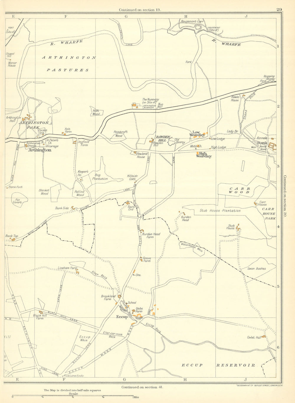 YORKSHIRE Arthington Eccup Low Weardley High Weardley Rawden Hill 1935 old map