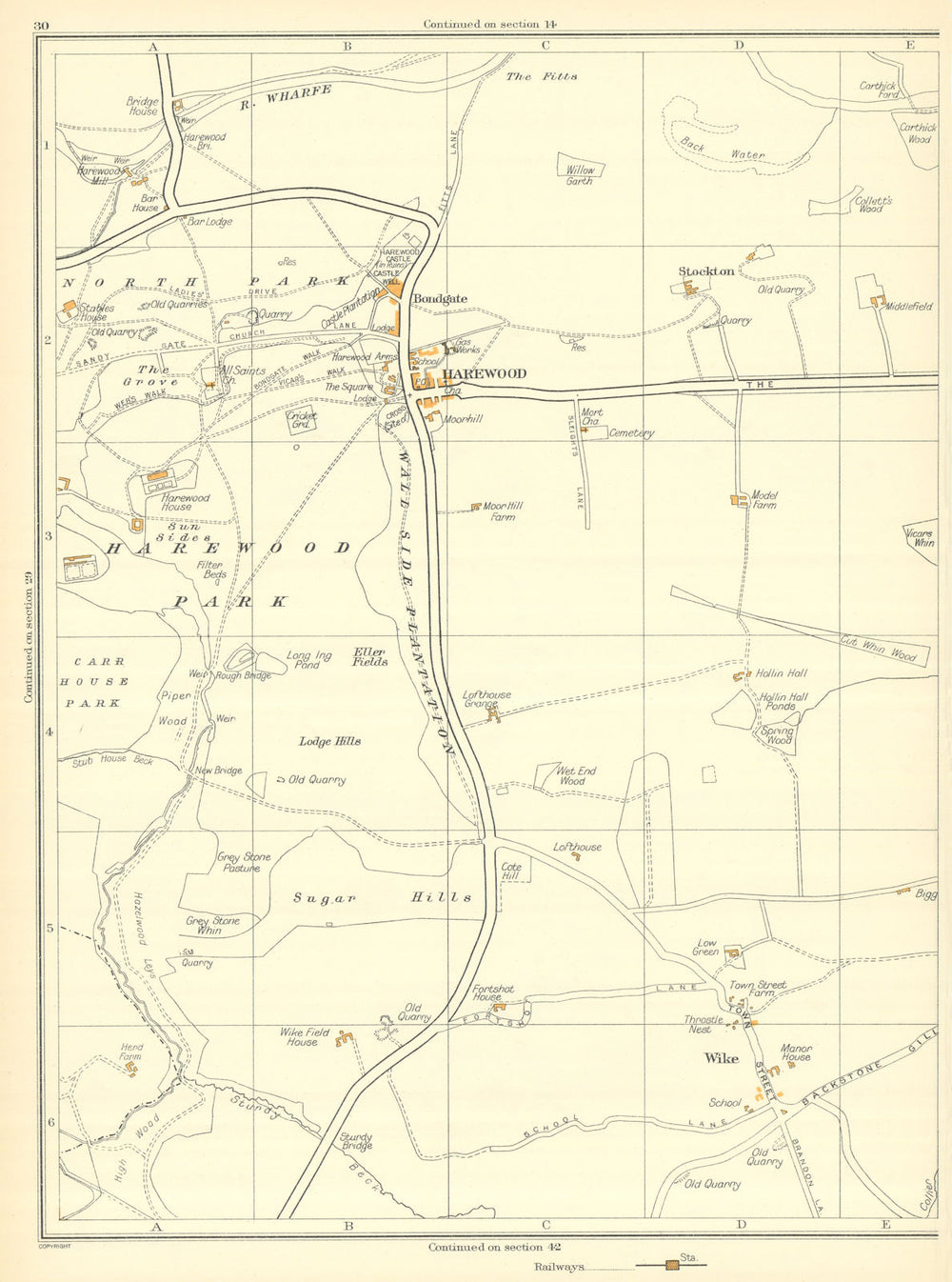 YORKSHIRE Harewood Wike Harewood Stockton Bondgate 1935 old vintage map chart